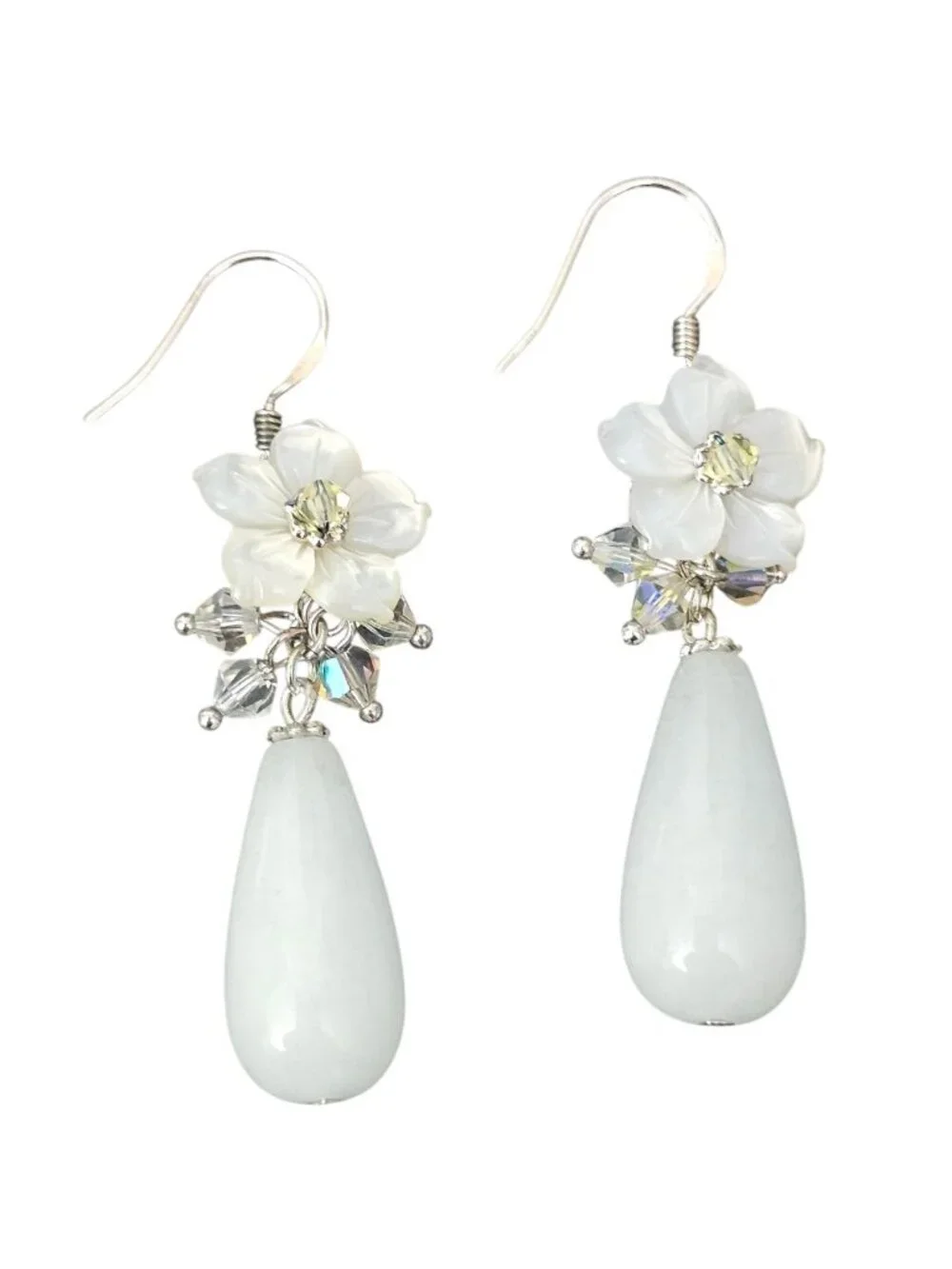 Handmade White Flower Drop Earrings Crystal Beaded Dangle Teardrop Elegant...